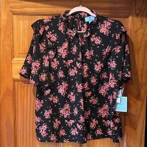 CeCe Black and Pink Floral Womens Blouse